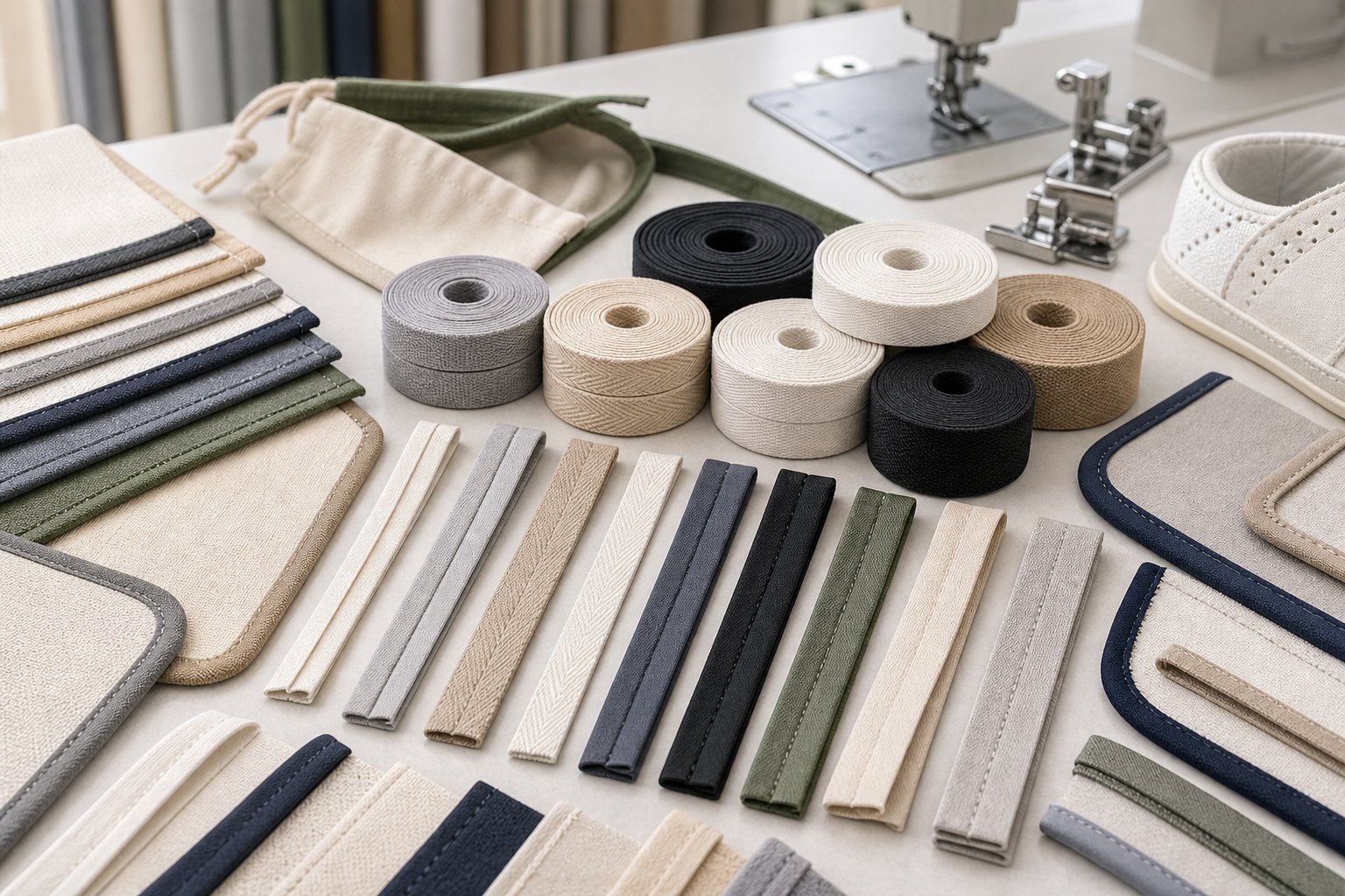 Samples of binding tapes, piping tapes and hemming of clothing, luggage and shoe materials