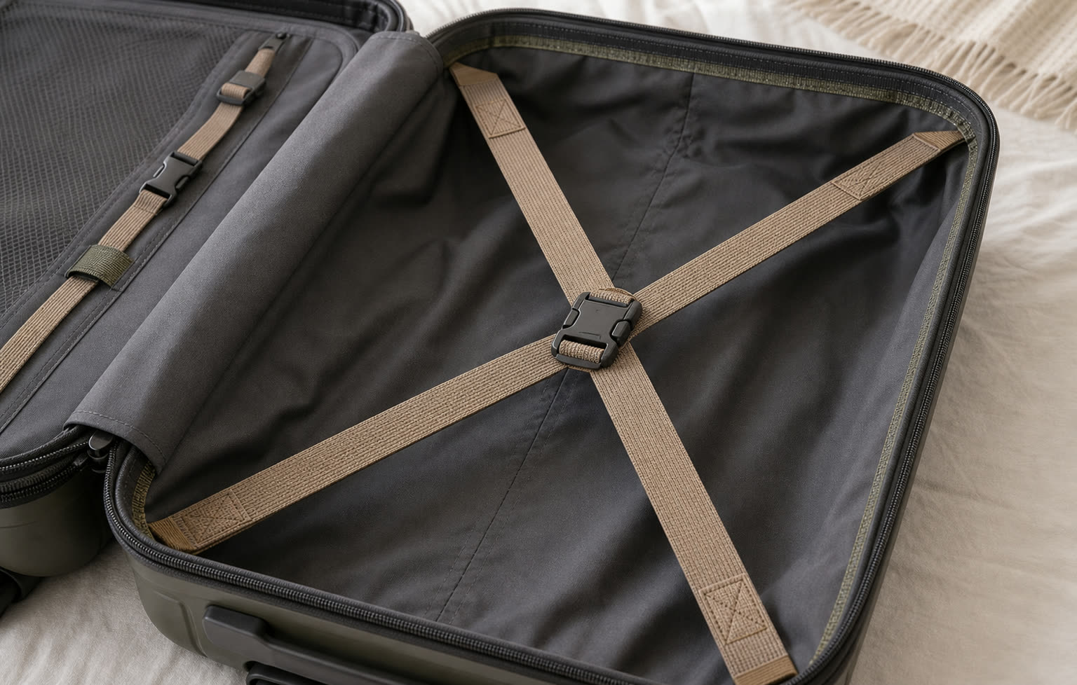 Elastic buckles, fixed straps and buckles inside the suitcase