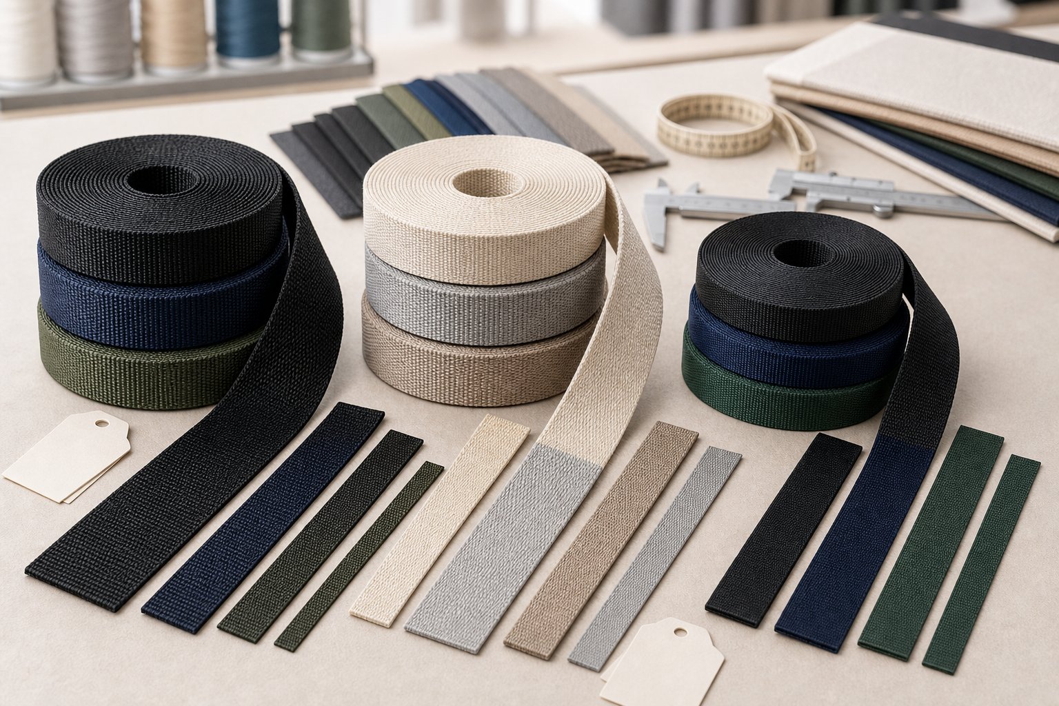 Nylon tape, PP tape and webbing material samples of different widths