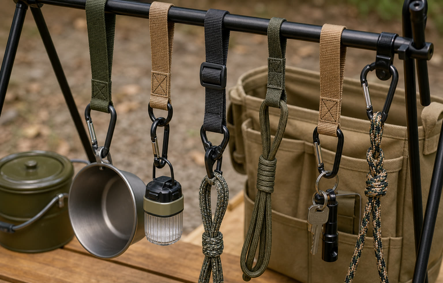 Outdoor gear cords, gear hooks, webbing rings and mountain climbing accessories