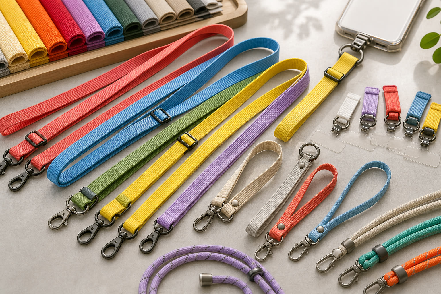 Phone lanyards, flat webbing, round cords and metal hooks