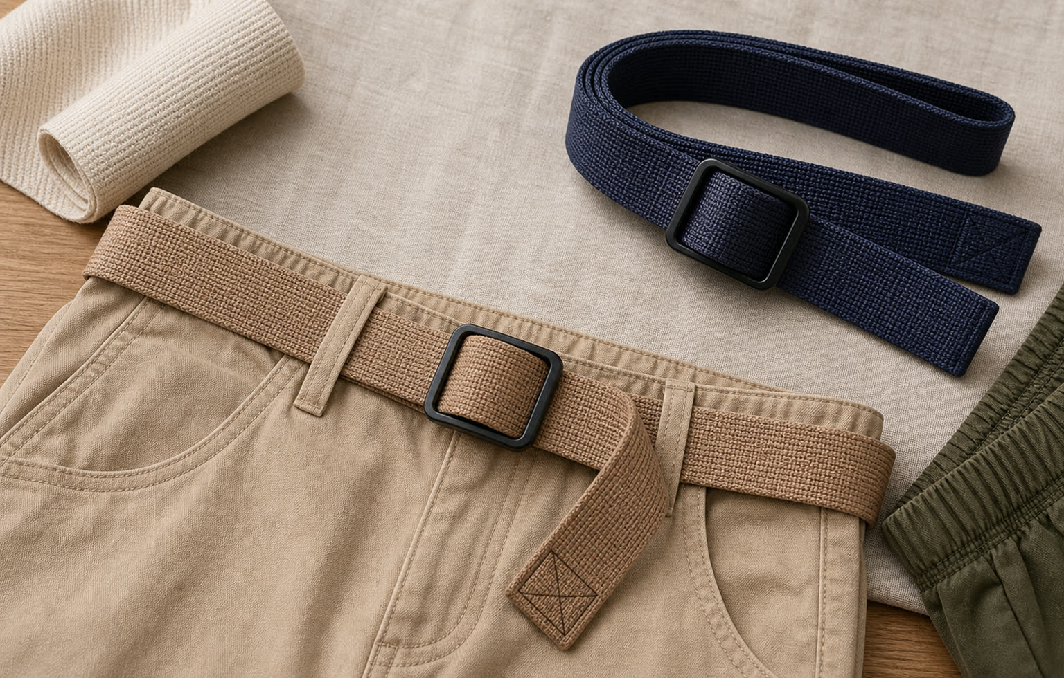 Textile belts, adjustment belts and webbing buckles for clothing