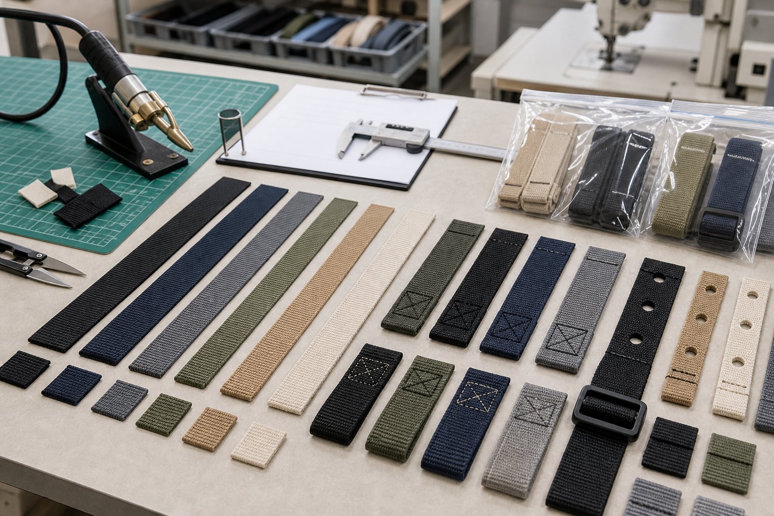 Webbing cutting, heat cutting, sewing, punching and buckle assembly samples